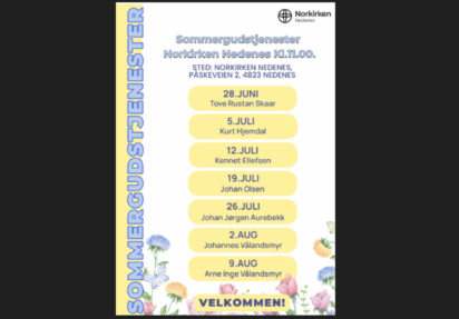 Sommergudstjenester 2026 i Norkirken Nedenes