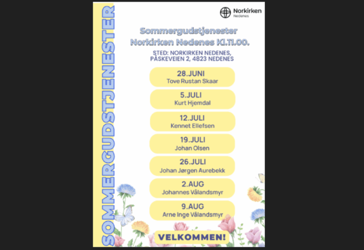 Sommergudstjenester 2026 i Norkirken Nedenes